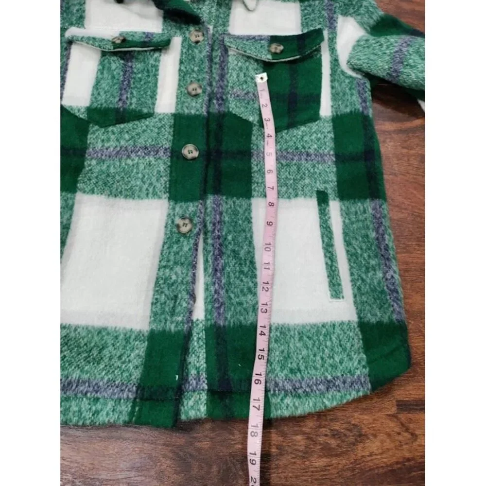 Avec Les Filles Green White Buffalo Plaid Wool Blend Shacket Overshirt - Picture 12 of 13